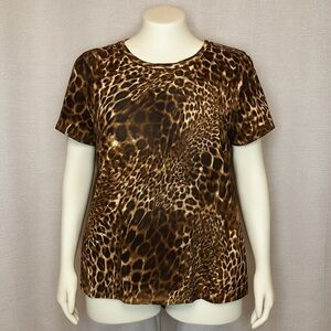 Gemstone Leopard Print Short Sleeve Top Brown/Black Plus Size 1X